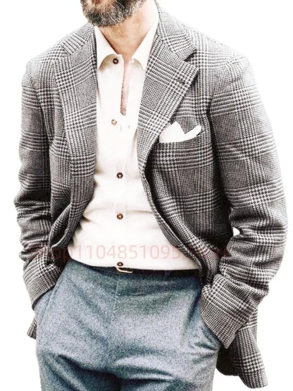 Houndstooth Men's Blazer Casual Italian Style Man Suit Jacket Notch Lapel Two Buttons 1 PCS Check Wedding Coat for Prom Party