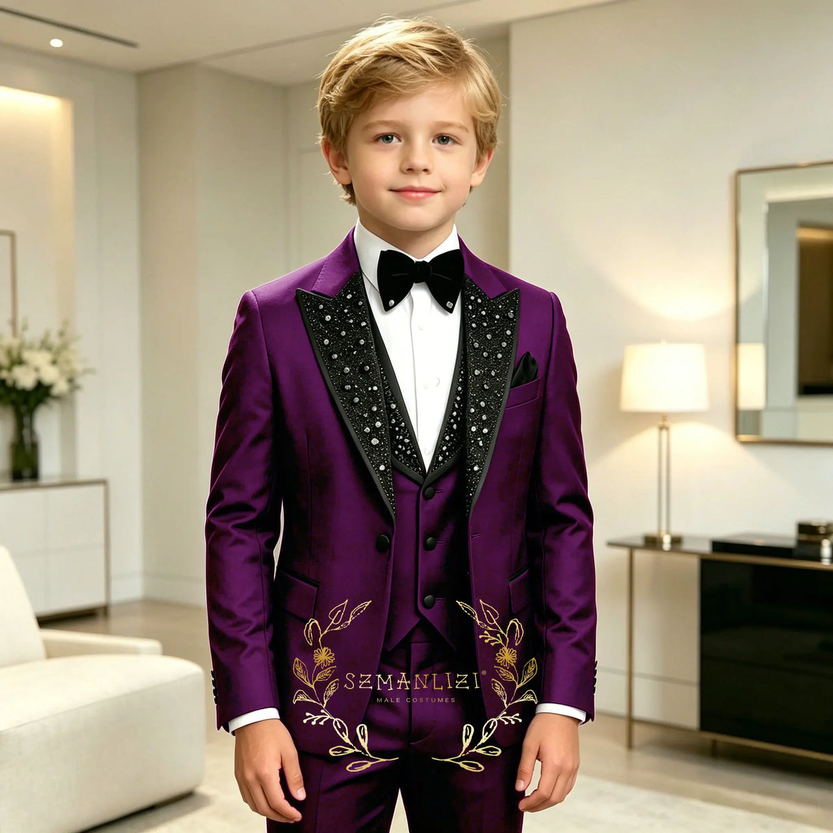 Classic Suits for Boys Black Crystals 3-Piece Fashion Stylish Boy's Tuxedo Formal For Party Outfit For Kids Blazer Vest Pant