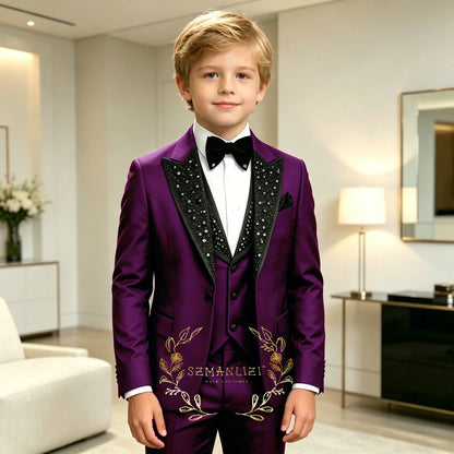 Classic Suits for Boys Black Crystals 3-Piece Fashion Stylish Boy's Tuxedo Formal For Party Outfit For Kids Blazer Vest Pant