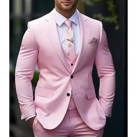 Elegant Three Piece Pink Men's Suit Formal Wedding Groom's Outfit with Split Collar Slim Fit Jacket Pants And Vest