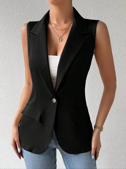 Women's Chic Sleeveless Blazer Vest - Casual Office Work Waistcoat Elegant Lapel Collar Sleeveless Blazer