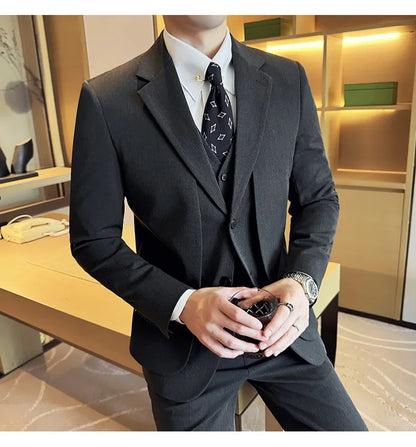 British Style Fake Two-piece Suit Set Men's Wedding Groom Dress 3 Piece Set Suit Vest Trousers Slim Office Business Casual Suits