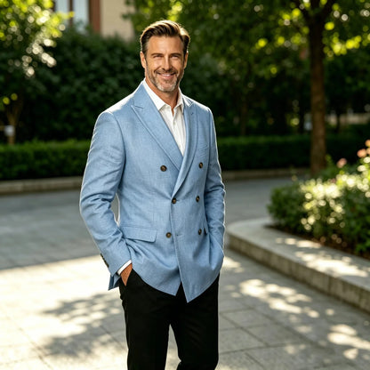 Men's Linen Blazer Double Breasted Casual Business 1Piece Jacket Slim Fit Formal Coat For Wedding Party Office Streetwear