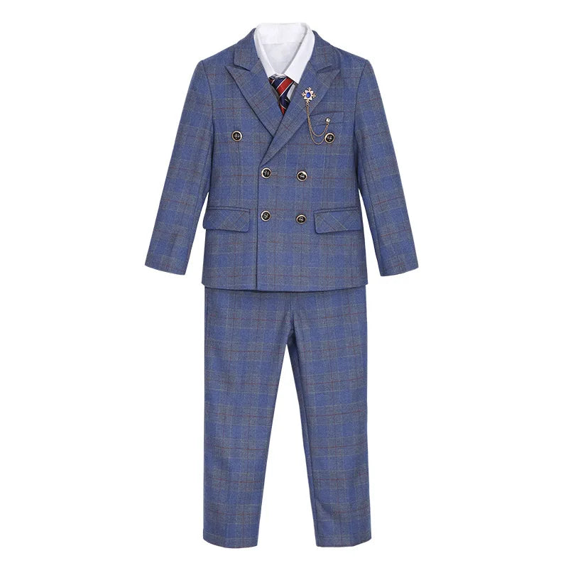 Boys Formal Wedding Birthday Prom Suit Set With Jacket Vest Pants Tie Brooch Children's Piano Host Speech Performance Costume