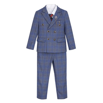 Boys Formal Wedding Birthday Prom Suit Set With Jacket Vest Pants Tie Brooch Children's Piano Host Speech Performance Costume