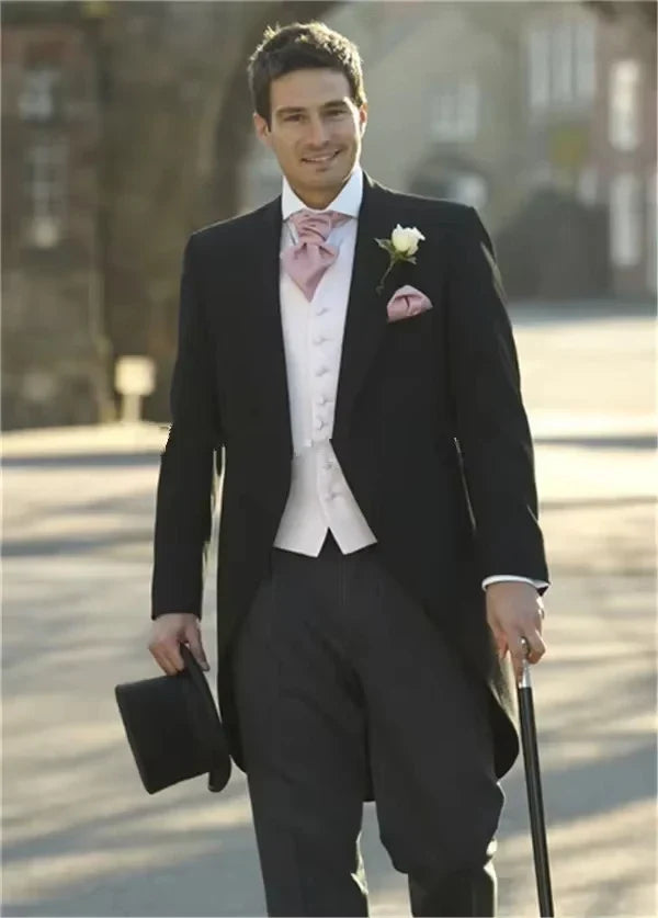 Luxury Fashion Italian Gentleman Style Wedding Man Long Tail Coat Groom Prom Tuxedos Formal Mens Suits (Jacket+Pant+Vest)