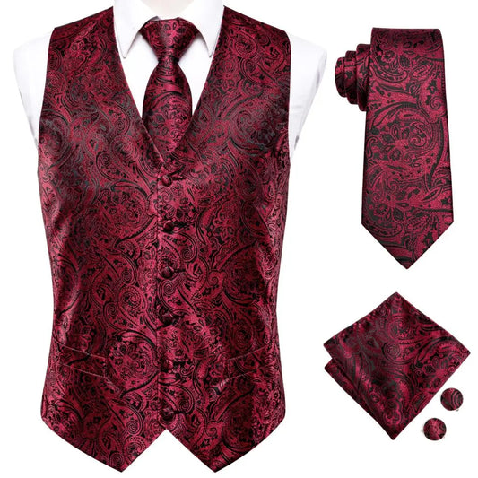 Men's Slim Fit Waistcoat Set – Burgundy Paisley Floral Vest with Necktie, Pocket Square & Cufflinks for Weddings