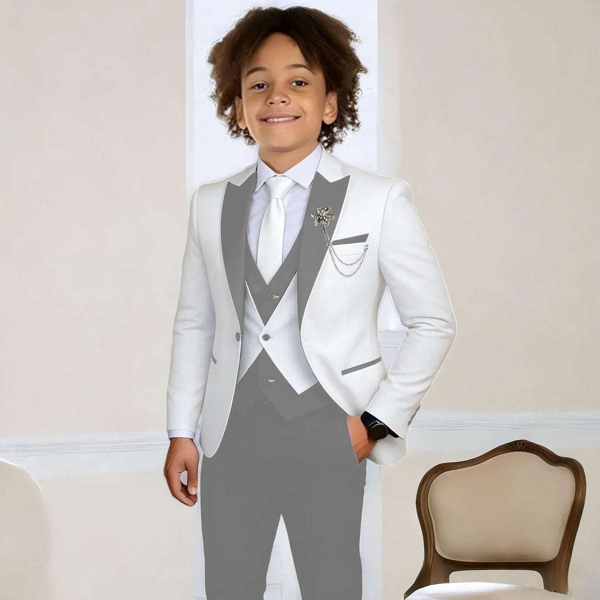 White Suit for Boys Fashion Formal Flower Boys Wedding Tuxedos 3-Piece Set (Jacket Pants Vest) Party Slim Fit Suit Kids Clothes