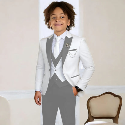 White Suit for Boys Fashion Formal Flower Boys Wedding Tuxedos 3-Piece Set (Jacket Pants Vest) Party Slim Fit Suit Kids Clothes
