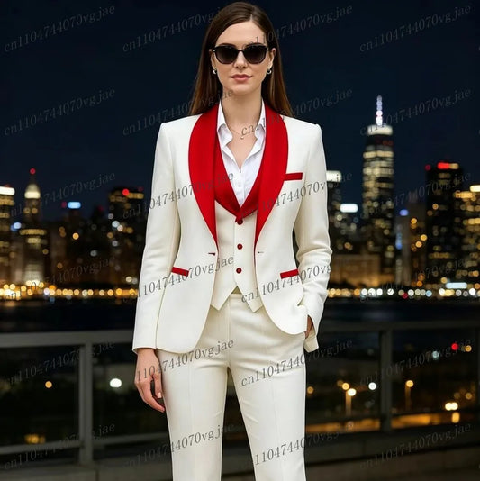 Red Collar And White Formal Business Women Suit Wedding Party Prom Ladies Mother Girl Tuxedos 3 Piece Set Blazer Vest Pants