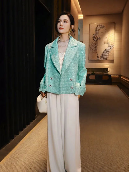 Elegant Women Spring Sequined Tweed Jacket Fashion Office Lady Doubil Breasted Short Coat Turn Down Collar Long Sleeve Outerwear