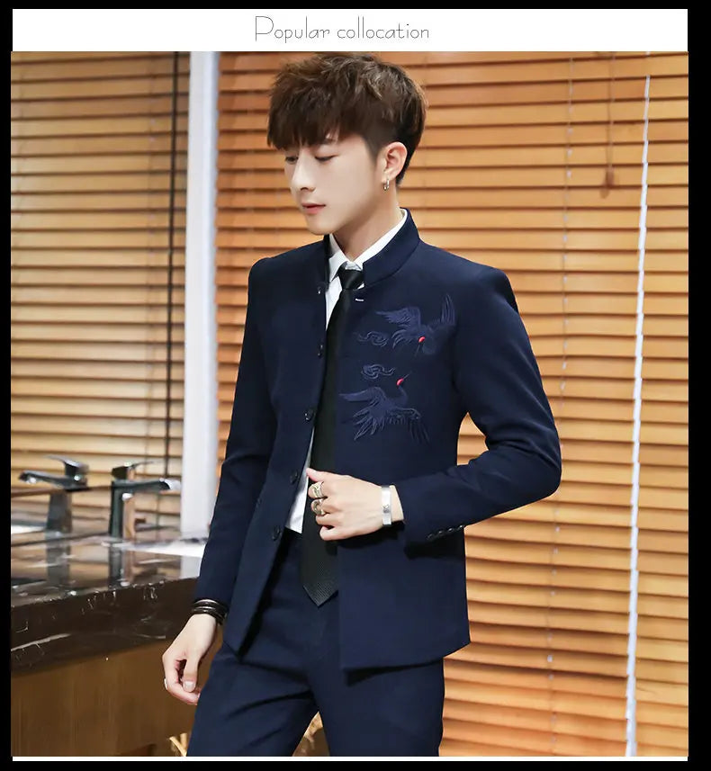 Suit (Blazer + Trousers) Men's Chinese-Style Stand-Up Collar Wedding & Business Suit