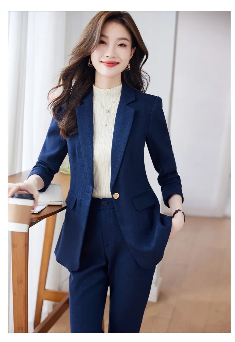 Pink Blue Black Women Pant Suit High Quality 2 Piece Set Office Ladies OL Girl Formal Jacket Blazer And Trousers For Work Wear