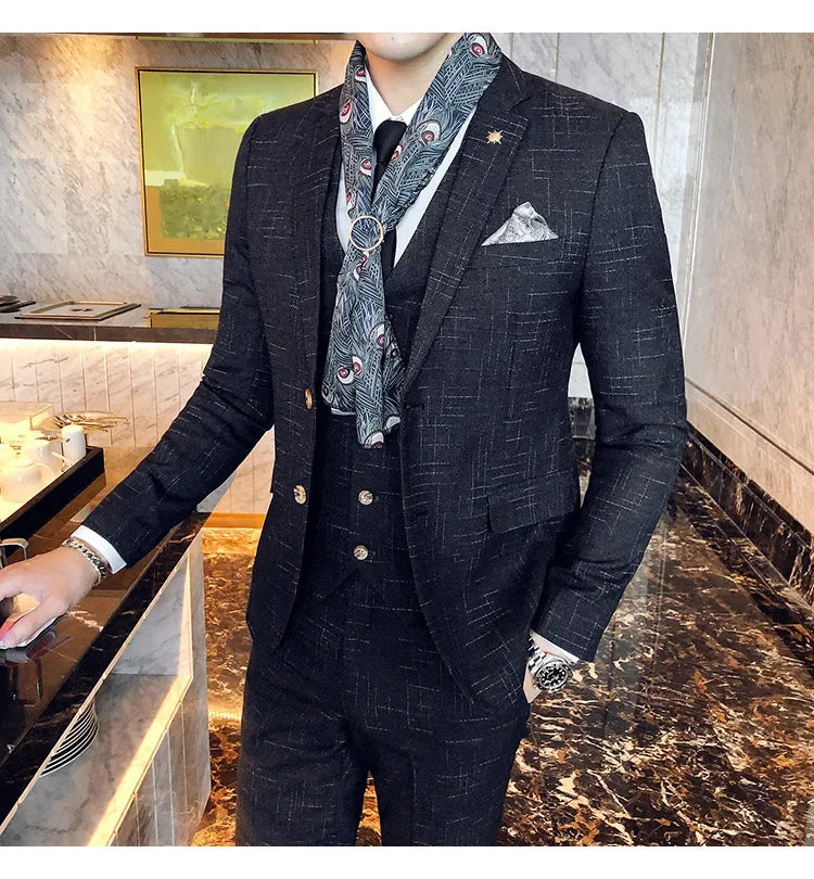 Men's 3-Piece Striped Formal Suit – Blazer, Vest & Trousers | Italian Style Business Gentleman