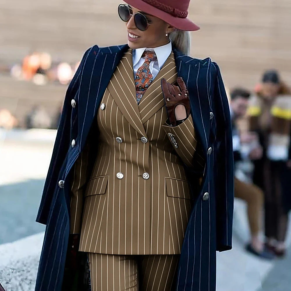 Formal Women's Burgundy Pinstripe Suit with Navy Blue Striped Coat Double Breasted 3Piece Set Elegant Evening Party Outerwears