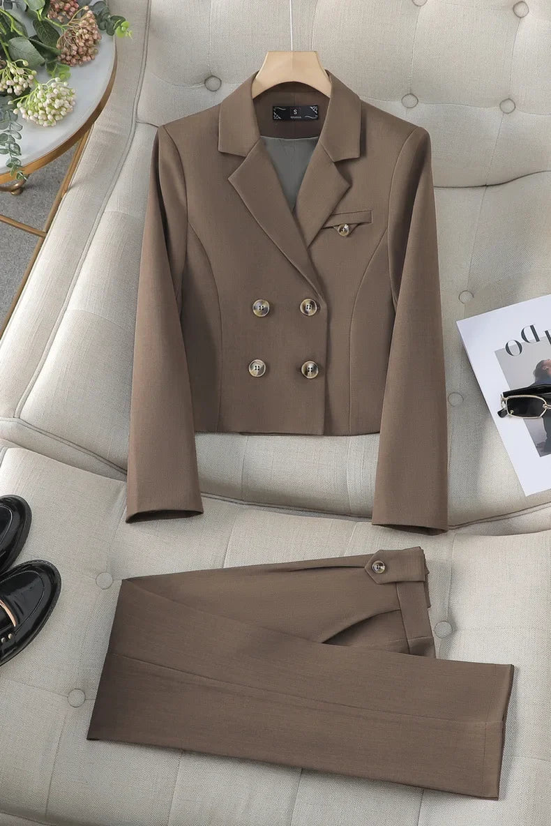 Spring Autumn Solid Women Suits Office Sets 2024 New Fashion Double Breasted Short Blazers Casual High Waist Pencil Pants Suits