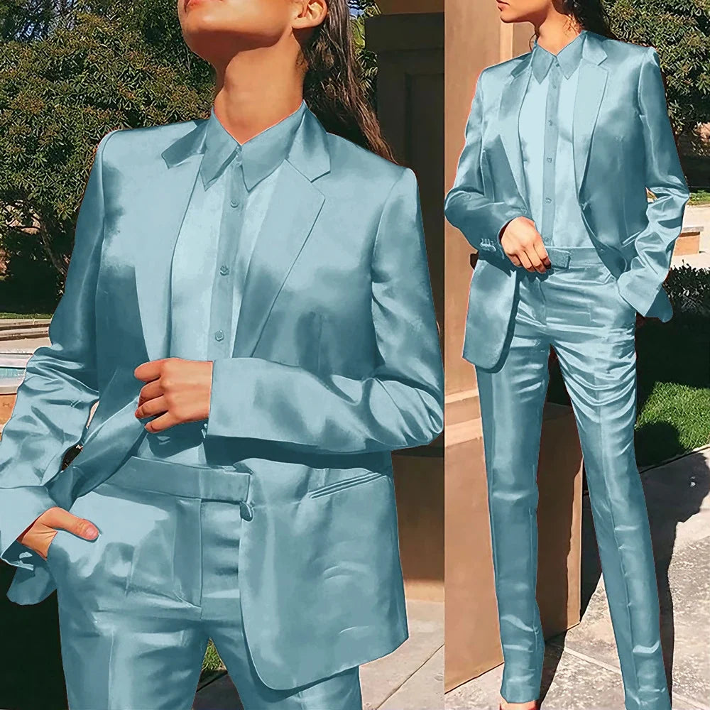 Women’s Red Satin Suit 2 Piece (Jacket+Pants) Set Gorgeous Single-breasted Blazer for Evening Party Formal Cocktail Streetwear