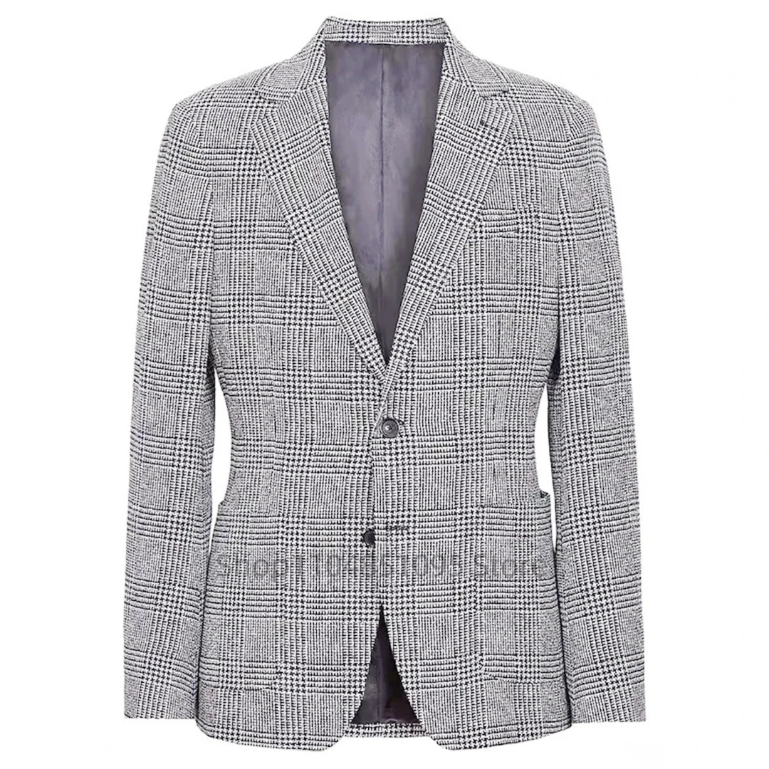 Casual Men's Houndstooth Suit Blazer Notch Lapel Two Buttons Plaid Jacket Prom Party Tuxedo Office Business Wedding One Coat