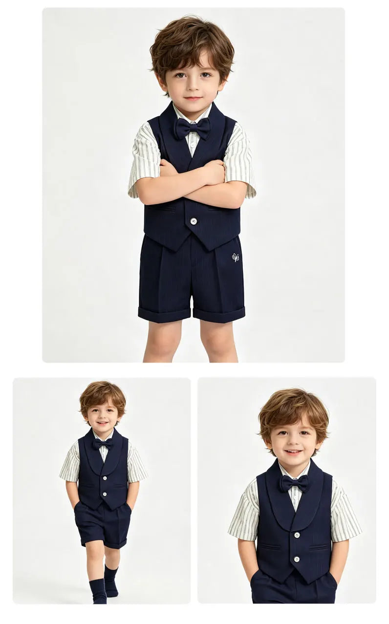 3Pcs Toddler Boy Gray Vest Suit Striped Short Sleeve Shirt Bow Tie Shorts Kids Wedding Baptism Birthday Gentleman Formal Outfit