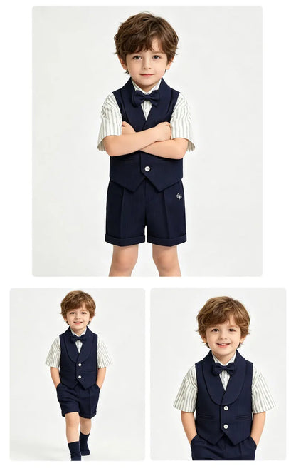 3Pcs Toddler Boy Gray Vest Suit Striped Short Sleeve Shirt Bow Tie Shorts Kids Wedding Baptism Birthday Gentleman Formal Outfit
