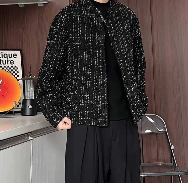 Men's Spring High-End Plaid Blazer Bad Boy Style Cropped Jacket Chinese Stand Collar Suit Outerwear