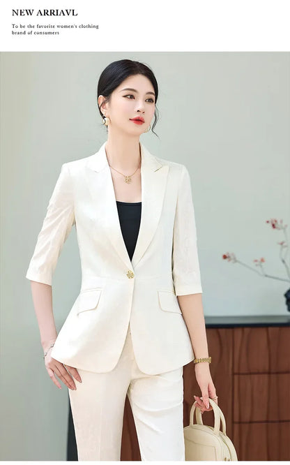 Fashion Purple Half Sleeve Professional Suit Women New Summer Elegant Formal Slim Blazer And Pants Office Ladies Work Wear
