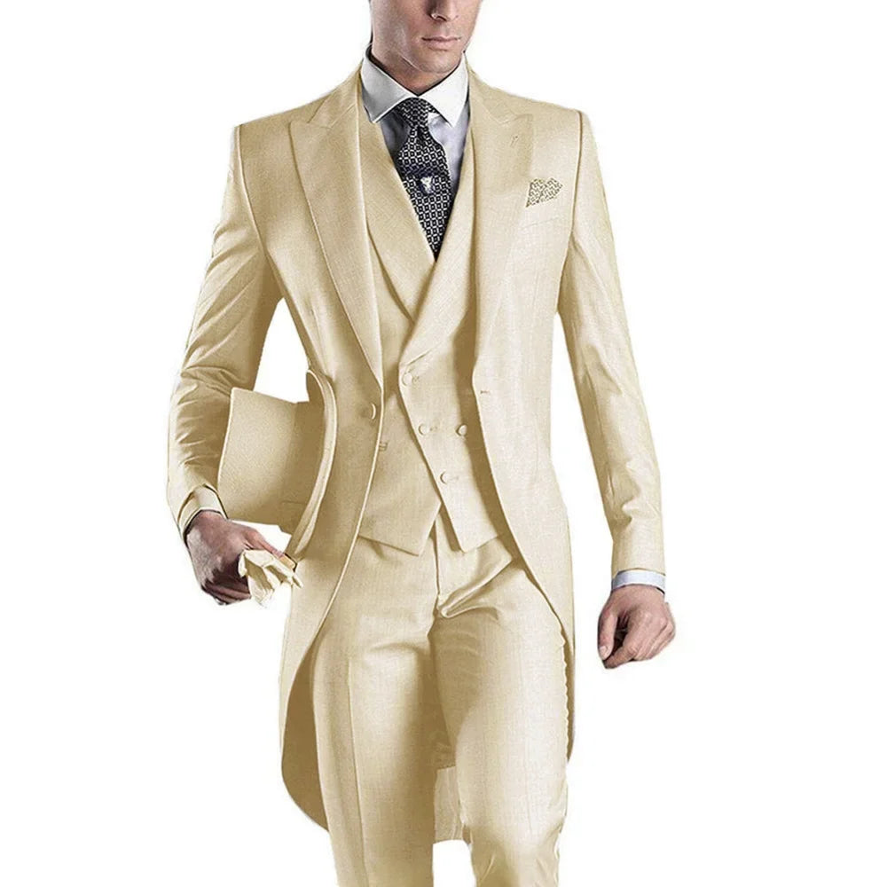 Men's Monochromatic Tuxedo Set Business Smoking Wedding Dress Blazer Jacket Vest Pants 3-Piece Suit for Formal Occasions