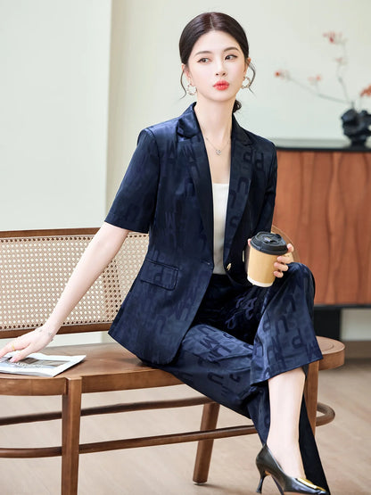 Fashion Letter Print Short Sleeve Professional Suit Women New 2026 Summer Elegant Slim Blazer And Pants Office Ladies Work Wear