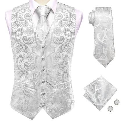 Men's Waistcoat Suit Set with Jacquard Floral Vest, Tie, Hanky & Cufflinks for Wedding and Business