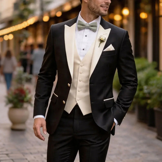 Men Suit Black Ivory 3 Pieces Single Button With Lapel For Wedding Birthday Banquet Party Business Work Office Jacket Vest Pants