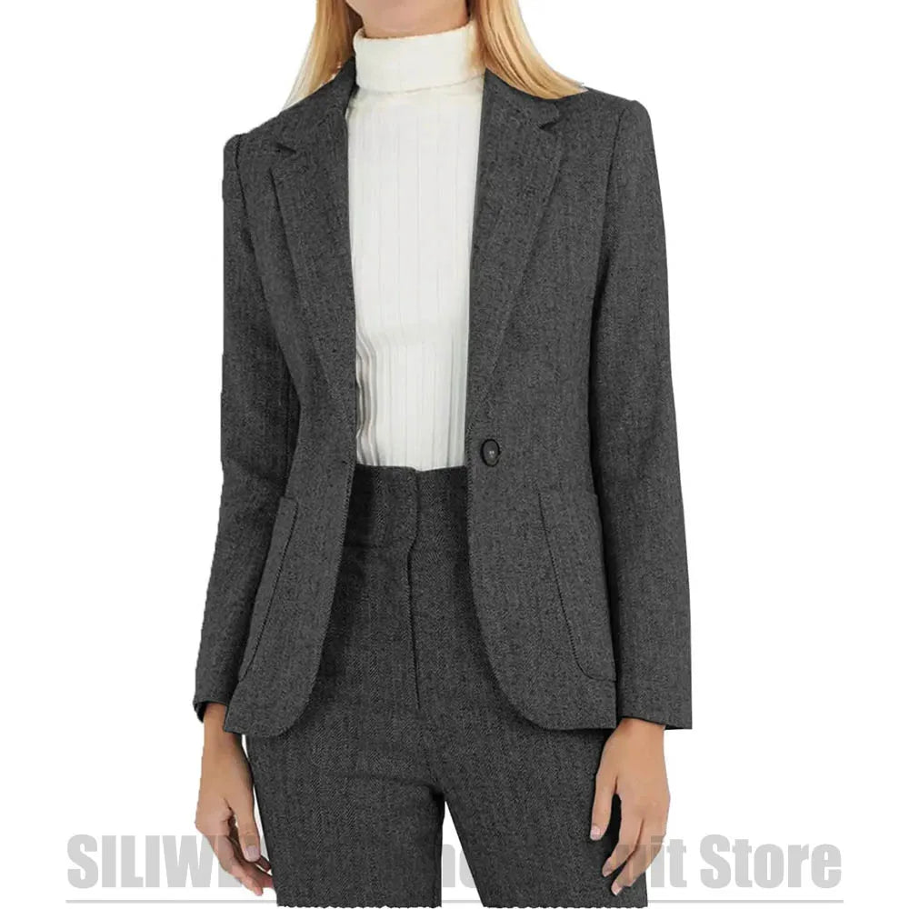 Fashion Herringbone Women's Suit One Button Wool Blend Blazer and Pants Set Formal Office Two Piece Stylish Daily Casual Suits