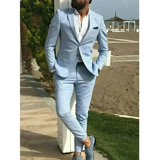 Men's 2-Piece Slim Fit Linen Suit – Single Breasted Groomsmen & Wedding Suit for Summer & Beach Occasions