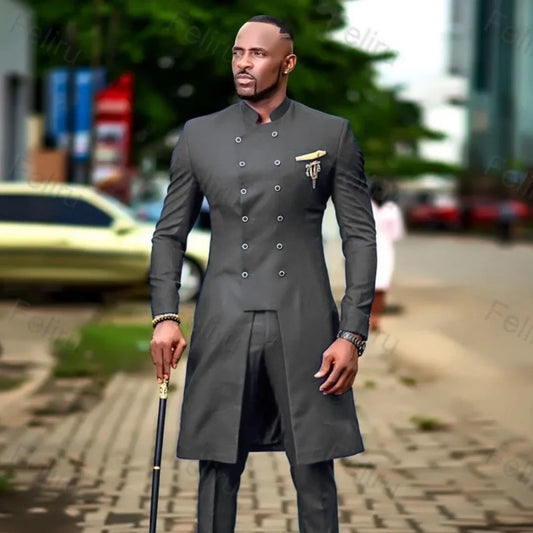 Classic Dark Grey Slim Fit Men's Suit Double Breasted Wedding Tuxedo Groom Blazer Best Man African Wedding Attire