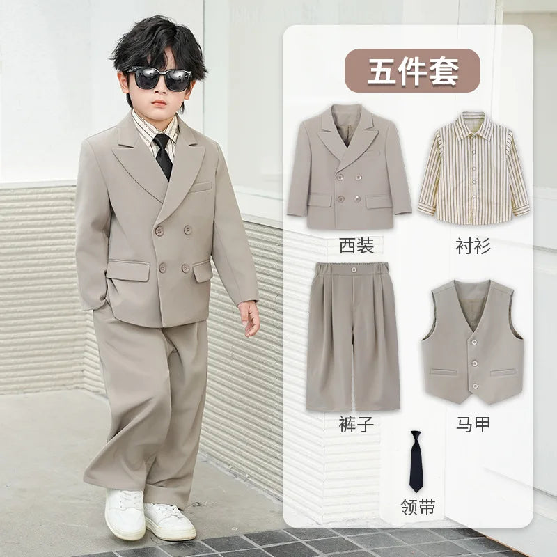 School Boys Double Breasted Blazer Suit Set with Wide Leg Pants Formal Streetwear Outfit for Kids Toddlers Wedding Birthday Part