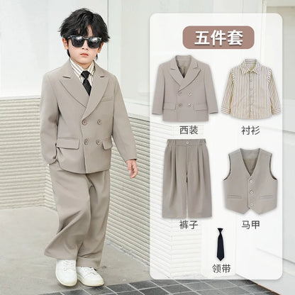 School Boys Double Breasted Blazer Suit Set with Wide Leg Pants Formal Streetwear Outfit for Kids Toddlers Wedding Birthday Part