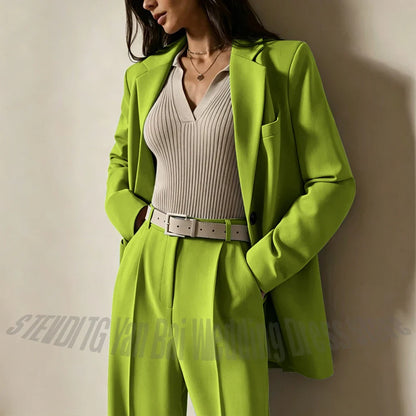 Dusty Blue Women Suits Casual Loose Single Breasted Blazer Pants 2 Piece Minimalist Fashion Office Daily Wear Outfit Set