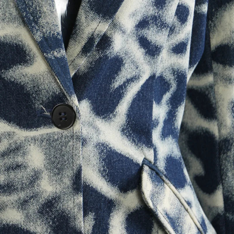 2026 Spring Autumn New Women's Blazer Tie-dye Single Button Pockets Waist Cinching Elegant Coats Retro Denim Jacket HK18495