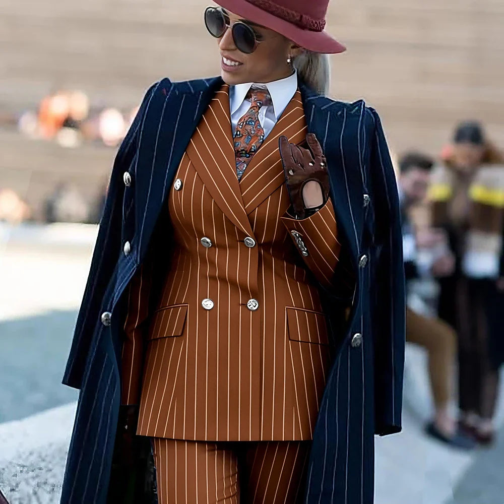 Formal Women's Burgundy Pinstripe Suit with Navy Blue Striped Coat Double Breasted 3Piece Set Elegant Evening Party Outerwears