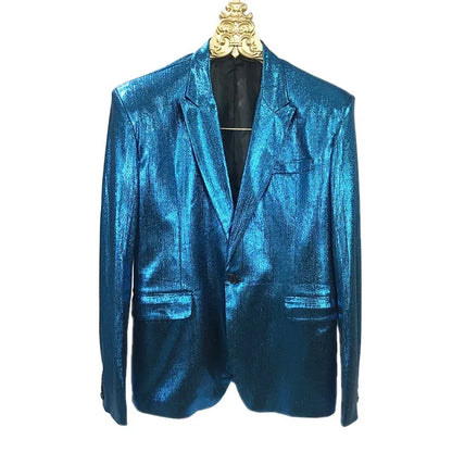Bar Nightclub Shinny Silver Blue Green Blazer For Male Singer Host Stage Performance Costume Thin Style Slim One Button Coat