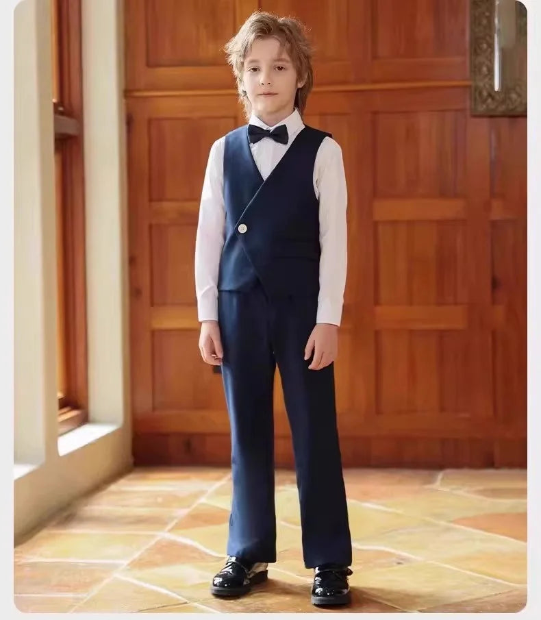 British Style Kids Piano Host Speech Performance Costume School Boys Vest Pants Bowtie 3Pieces Ceremony Clothing Set