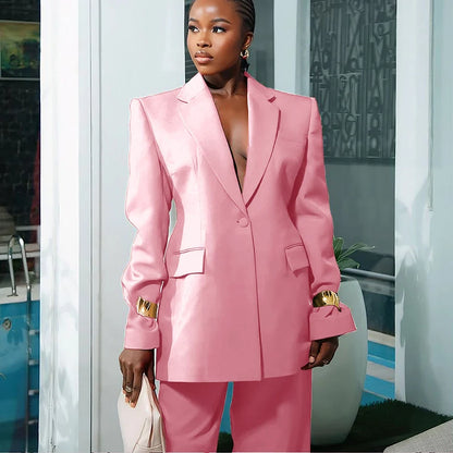 Elegant Women's Suit Autumn New Red Clothing Single Button Notch Lapel Blazer Pant Sets Formal Slim Fit Office Party Outerwears