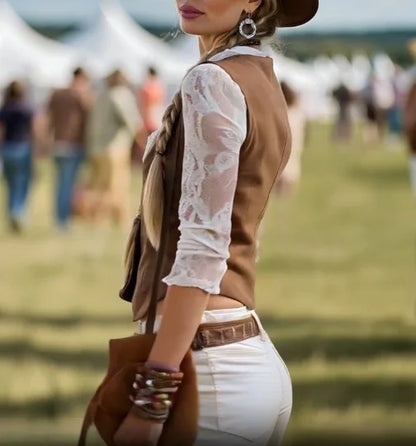 Vintage Western Vest Women Lace Spliced Two-Piece Evening Dresses Long Elegant Formal