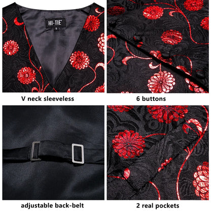 Men's Waistcoat Suit Set with Jacquard Floral Vest, Tie, Hanky & Cufflinks for Wedding and Business