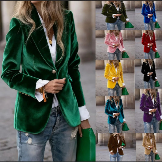 Women's Elegant Button Velvet Slim Fit Blazer Coats Casual Long Sleeve Solid Short Jackets Winter Overcoat Autumn Fashion Lapel