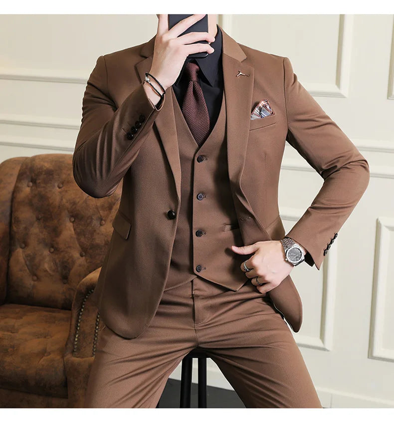 2025 Men's Wedding Suit Vest Trousers Set Fashionable Handsome Solid Color Groom's Three-Piece Outfit Available in Sizes M-7XL