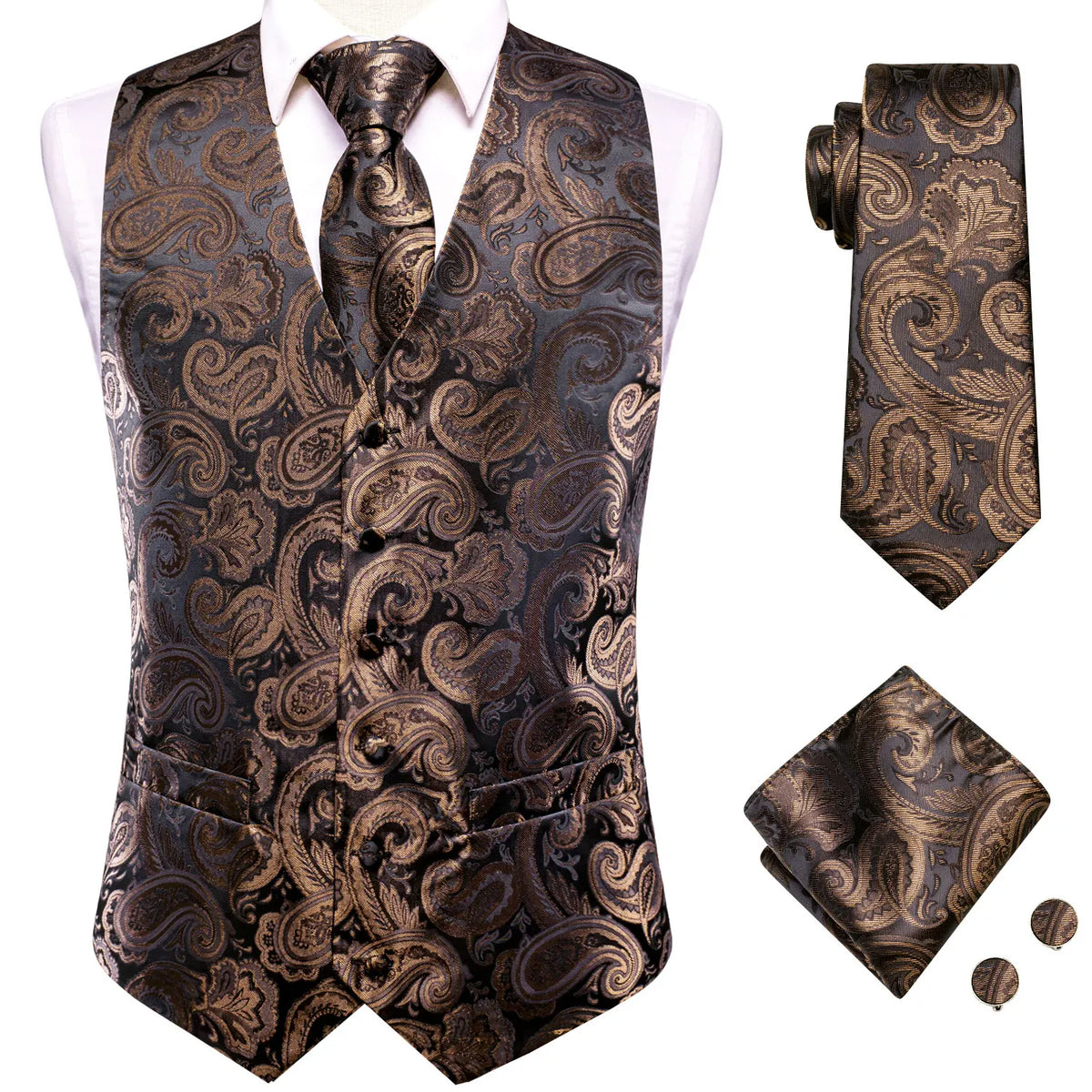Men's Waistcoat Suit Set with Jacquard Floral Vest, Tie, Hanky & Cufflinks for Wedding and Business