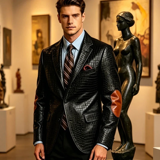 Men's Slim Fit Blazer with Crocodile Embossed Fabric and Elbow Patches for Wedding and Business