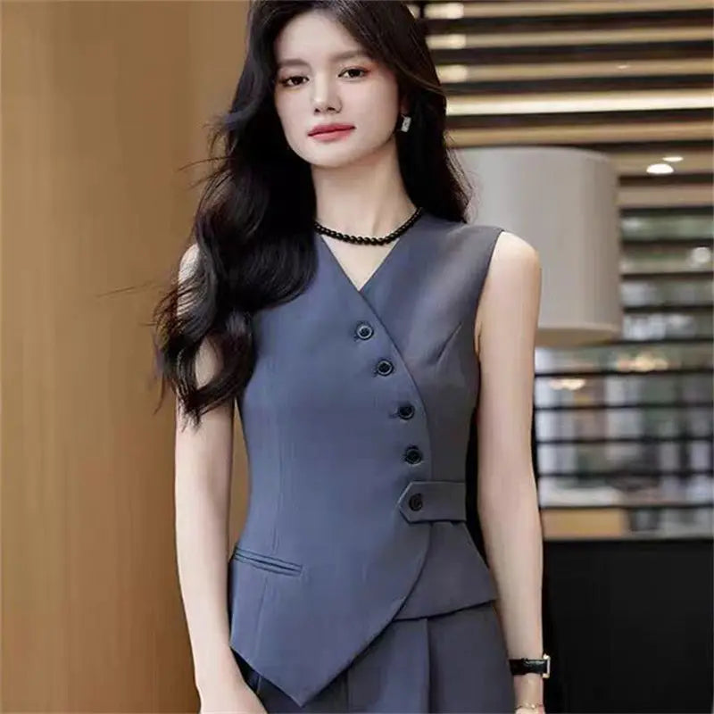 Office Female Suits Vest Coat Spring Summer V-Neck Diagonal Buckle Sleeveless Blazers Jacket Women Fashion Thin Slim Waistcoat