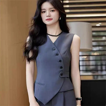 Office Female Suits Vest Coat Spring Summer V-Neck Diagonal Buckle Sleeveless Blazers Jacket Women Fashion Thin Slim Waistcoat