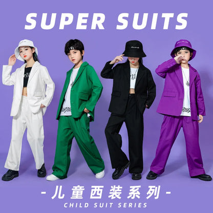 Hip Hop Boys Solid Suit Jacket Outfits Girls Loose Blazer Street Dance Pants Clothes Sets Children Streetwear Kids Jazz Costumes